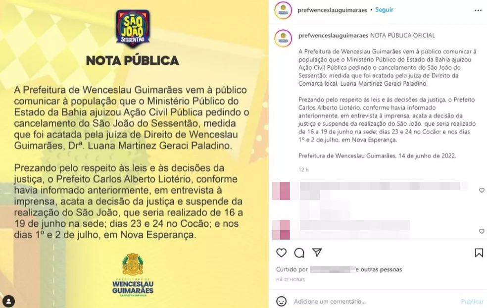 Justiça cancela ‘São João do Sessentão’ em Wenceslau Guimarães