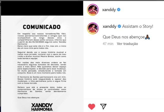 Xanddy anuncia fim da banda Harmonia do Samba e início de carreira solo