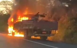 Caminhão pega fogo na BR-101, próximo à Pedra do Cavalo