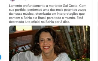 Rui Costa lamenta morte da cantora Gal Costa e decreta luto de três dias na Bahia