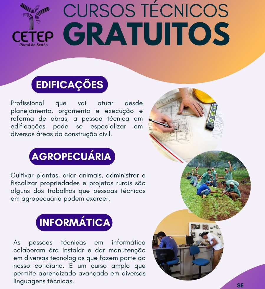cursos gratuitos edificações, agro, cetep portal do sertão 
