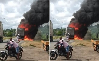 Caminhão que transportava produtos do Mercado Livre pega fogo na BR-116