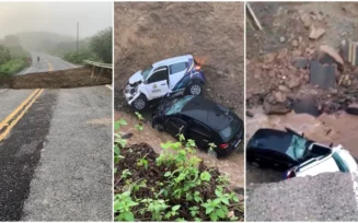 Carros caem em cratera aberta pela chuva no Ceará, e sete pessoas ficam feridas