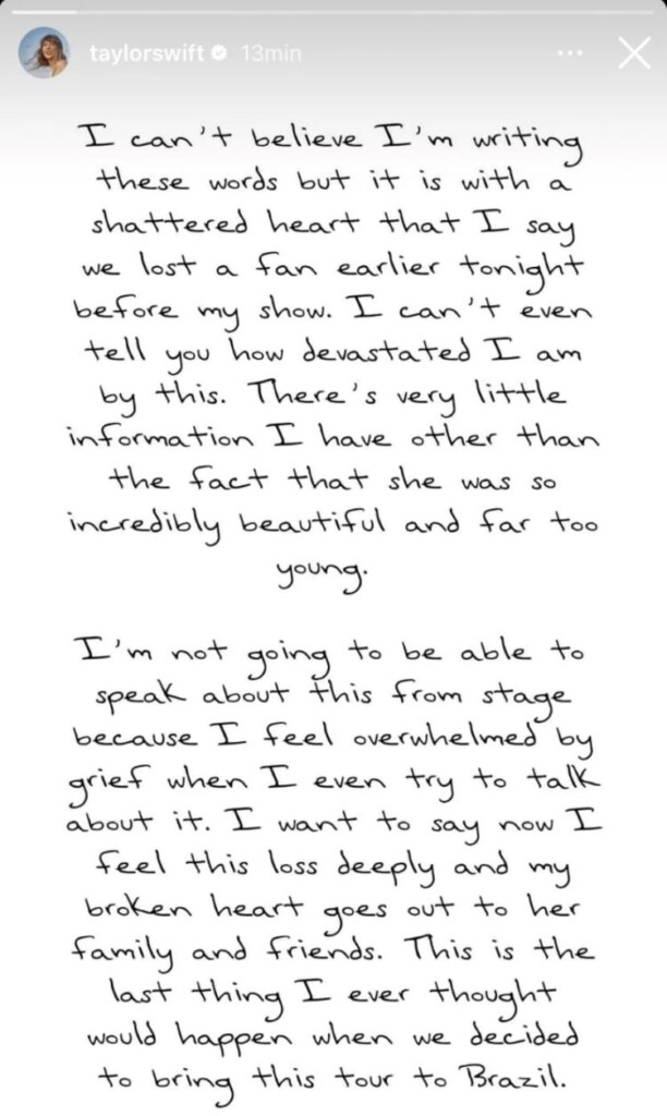 nota da cantora Taylor Swift após morte de fá