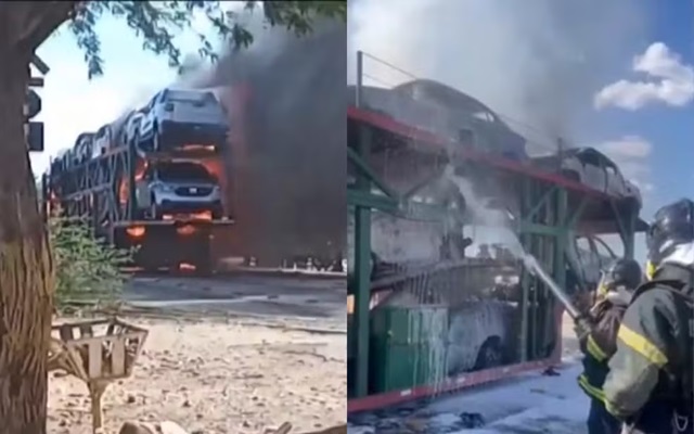 Caminhão-cegonha que transportava veículos pega fogo em rodovia no norte da Bahia ft Arte g1