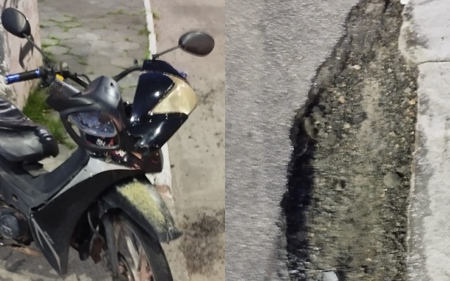 Casal cai em buraco e motocicleta fica parcialmente destruída